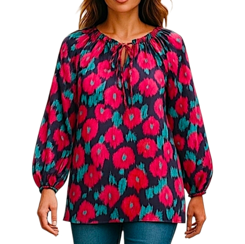Anne Klein Floral Long Sleeve Peasant Blouse Size 8